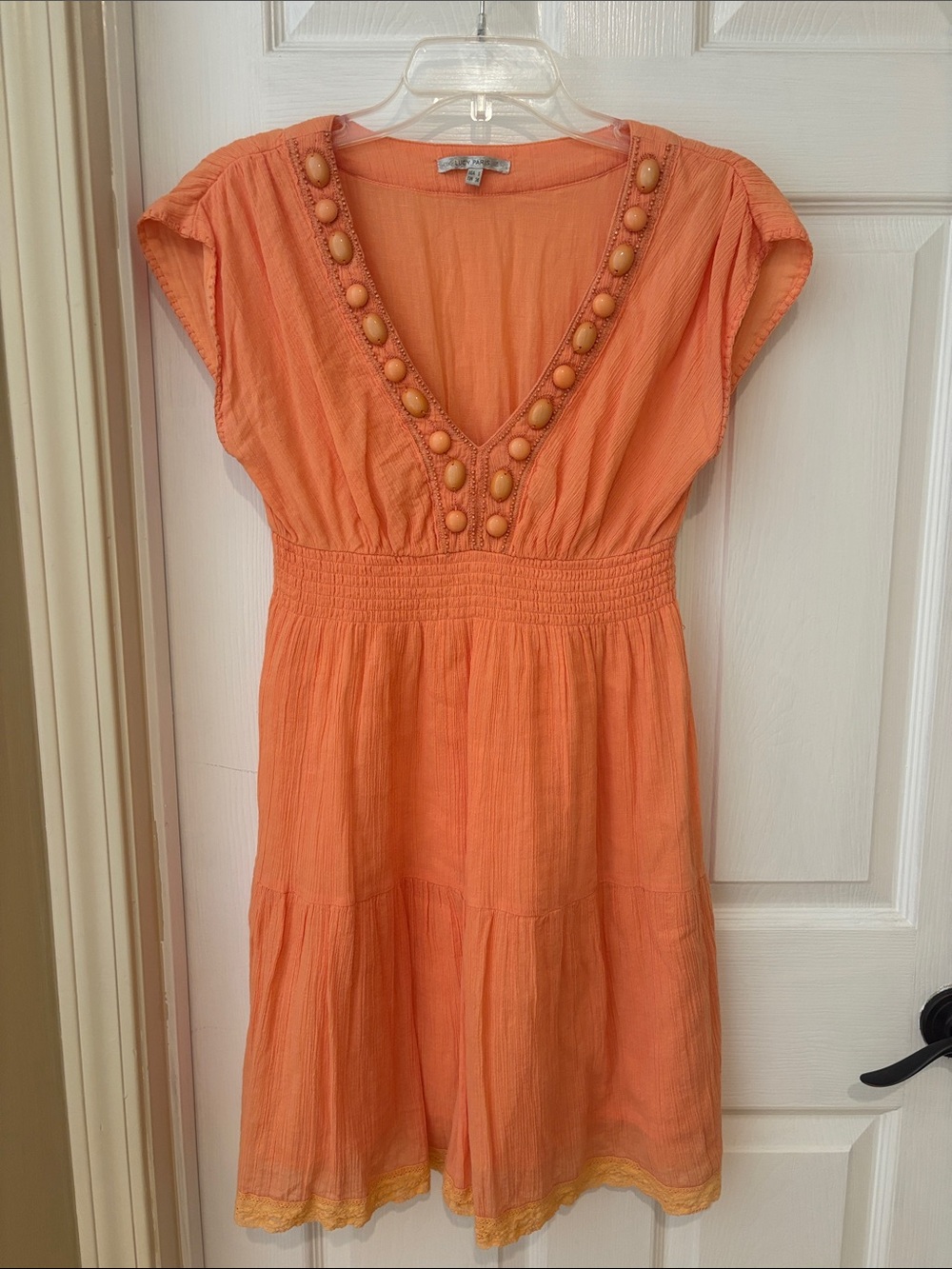 Lucy Paris Coral-Orange V-Neck Button-Trim Mini Dress